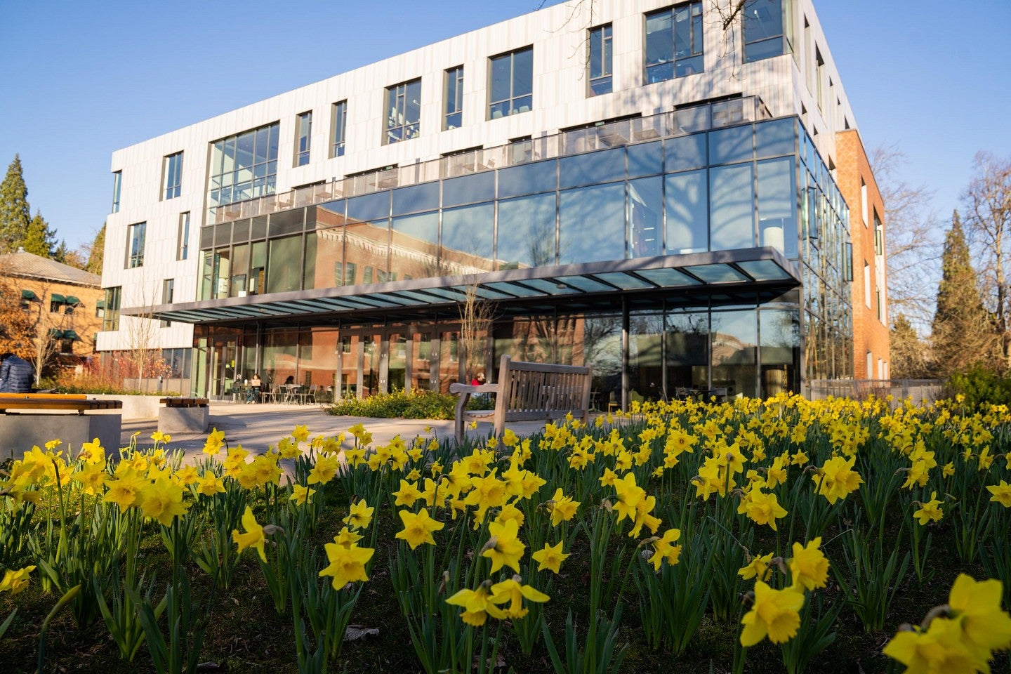 Tykeson hall with daffodils in foreground.