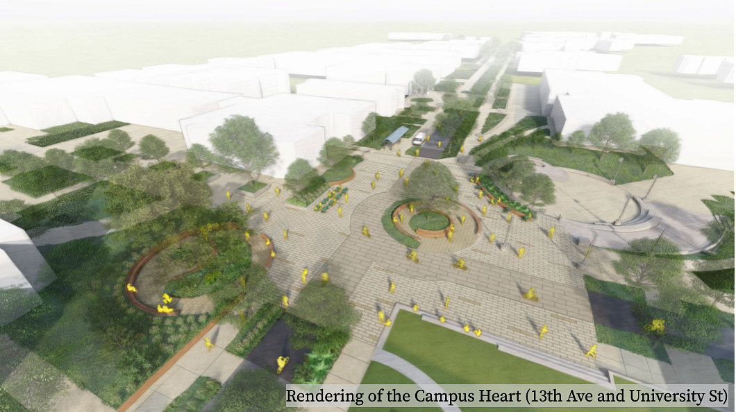 Conceptual design image of the 13th Ave Axis re-design at the campus heart located at the intersection of 13th Ave and University St.)