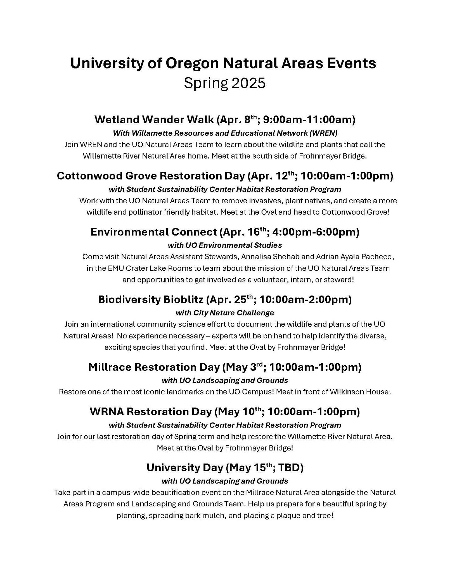 List of 2025 Spring Term Events
