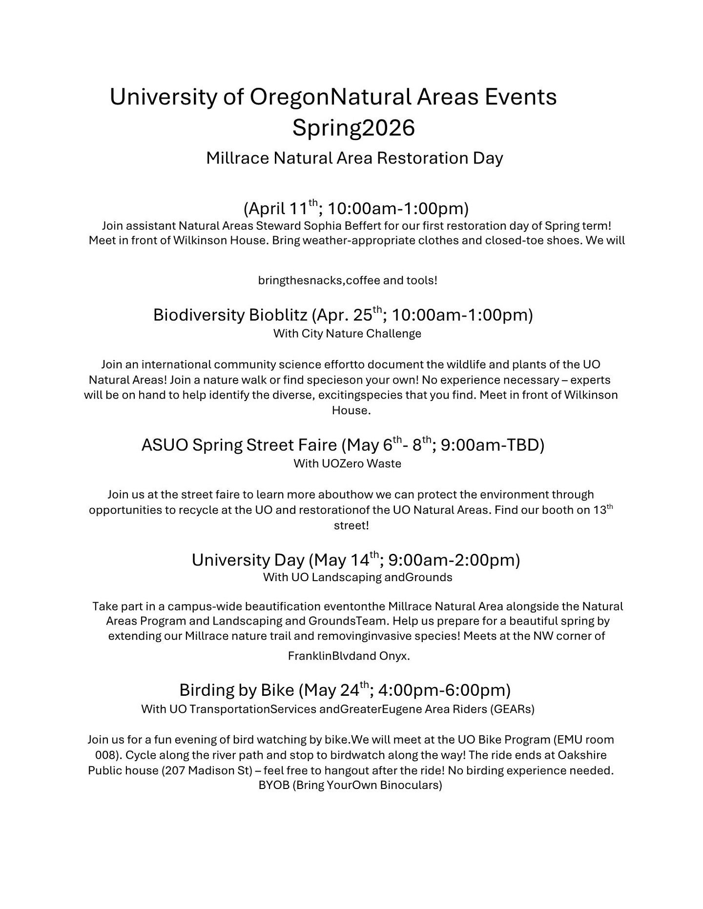 List of events for the upcoming spring term