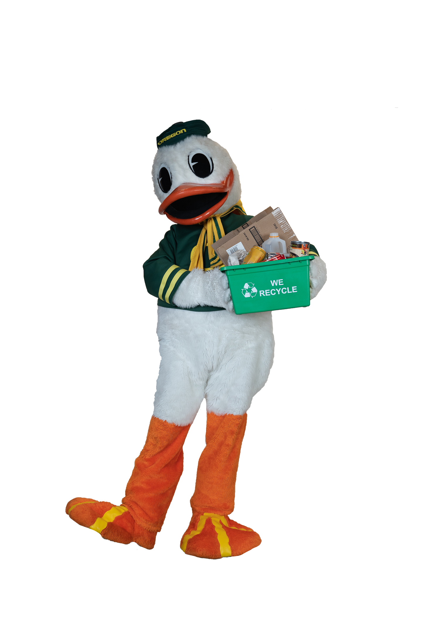 University of Oregon Duck holding an individual recycling bin full of reclyables.