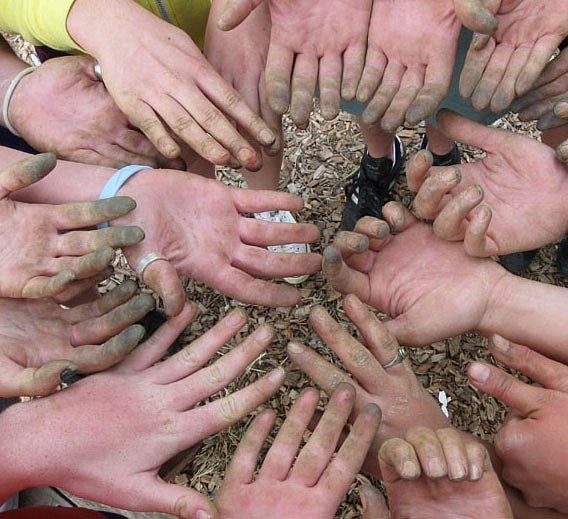 Student hands, dirty from farm work.