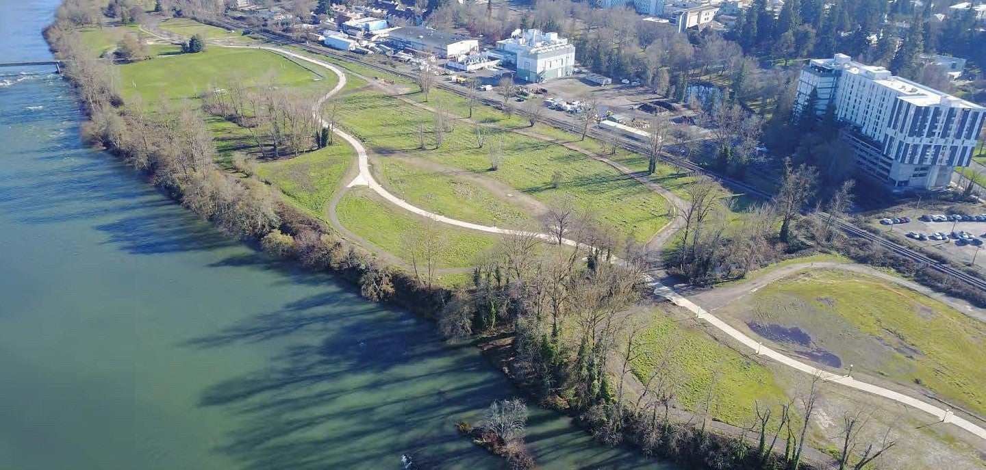 Aerial photograph of the area that makes up the WRNA along the Willamette River