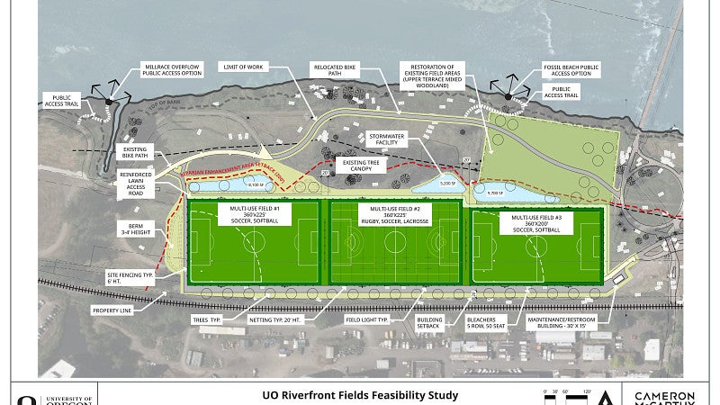 Conceptual site design plan that includes three recreation fields in the north campus area.
