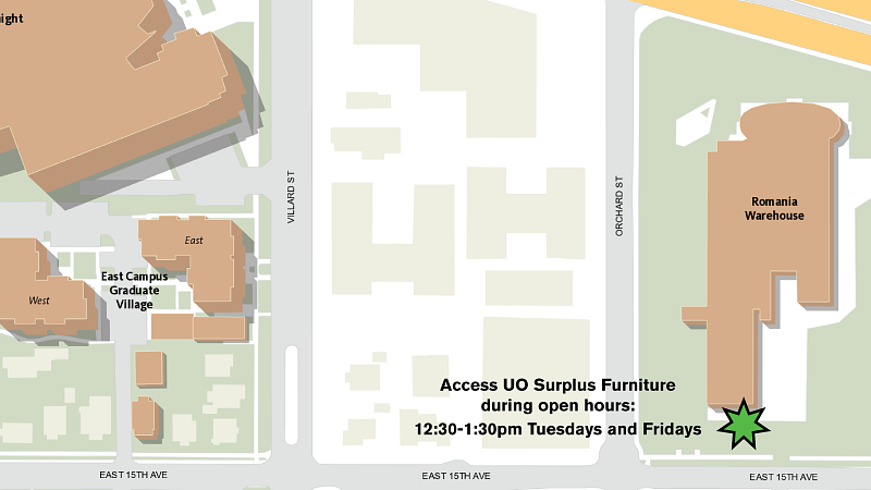 Map showing surplus access point on south side of Romania Warehouse, off 15th Avenue and Orchard Street in Eugene, Oregon