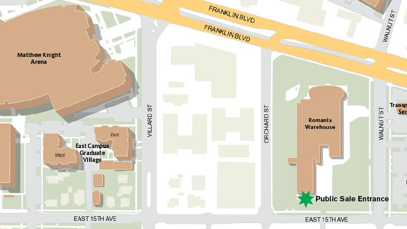 Map showing the public sale entrance on the south side of the Romania building off E. 15th Avenue