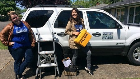 Student workers in the Score program pose with their gear and in front of a white vehicle.