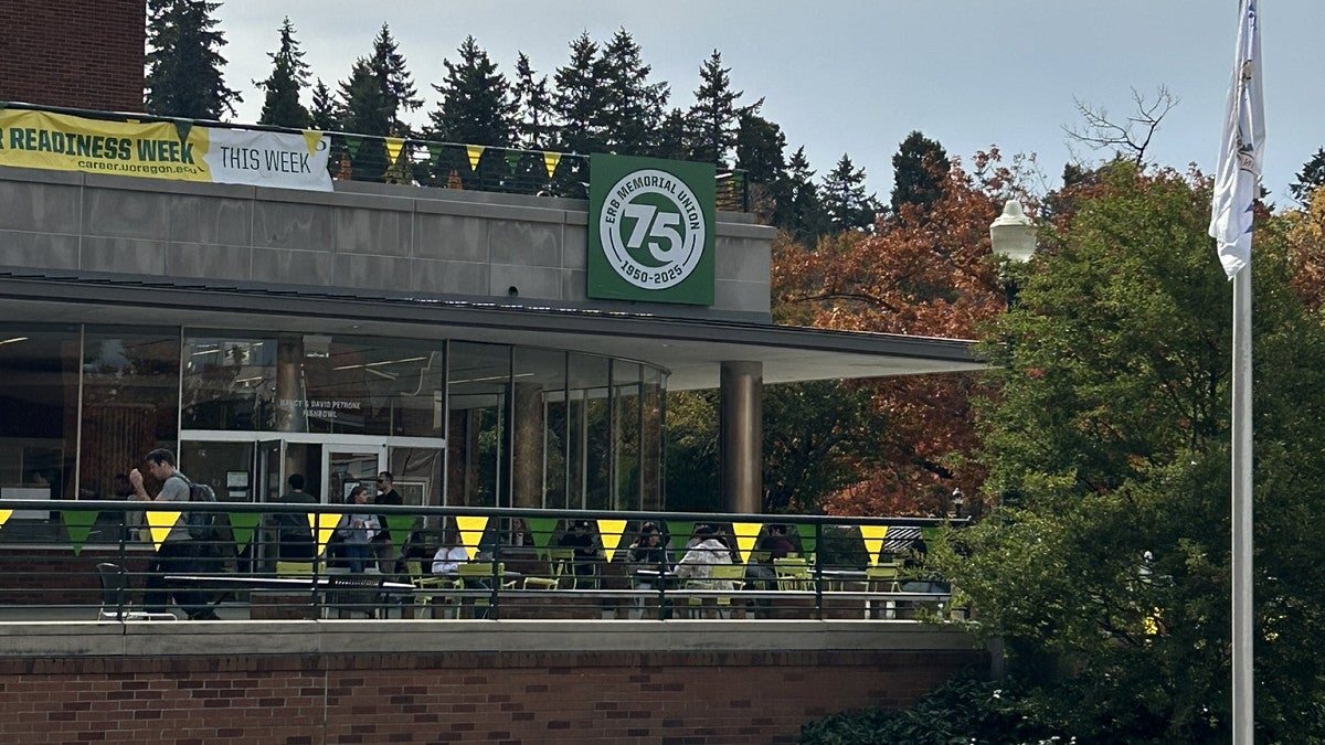 Erb Memorial Union with 75th Anniversary sign.