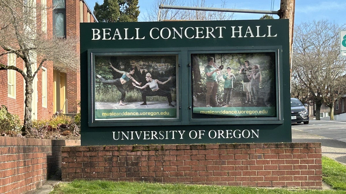 Beall Concert Hall sign.