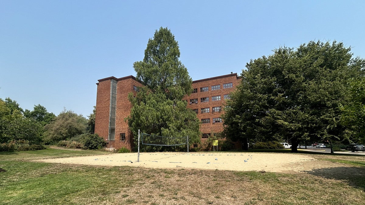 Sand volleyball court south of Carson Hall.