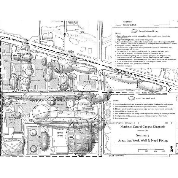 Campus map of the Northeast Campus design area indicating areas that work and areas for improvement.