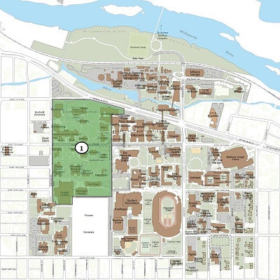 Campus plan map with the Academic Center and Historic Core highlighted.