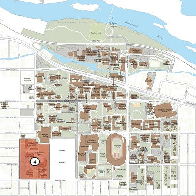 Campus plan map with the Southwest Campus design area highlighted.