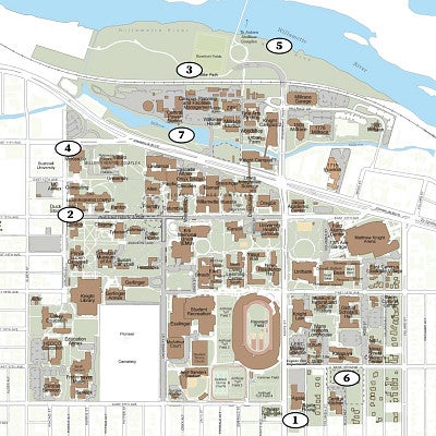 Campus map with markers indicating current project locations.